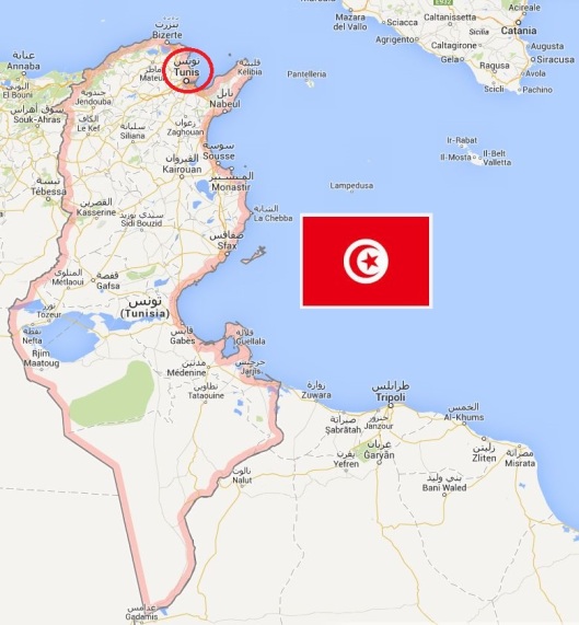 Localização da Tunísia e da capital, Túnis, com a bandeira do país (© Google Maps)
